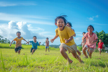 Fototapeta premium A group of Asian children playing soccer