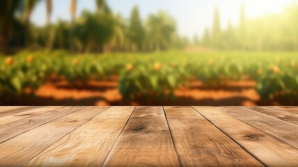 Fototapeta na wymiar The empty wooden brown table top with blur background of farm. Exuberant image. generative AI