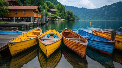 A row of boats are lined up on the dock at a lake, AI