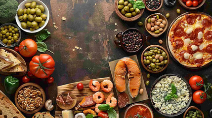 tavolo pieno di diversi tipi di cibo norvegese, vista dall'alto, spazio per testo, 