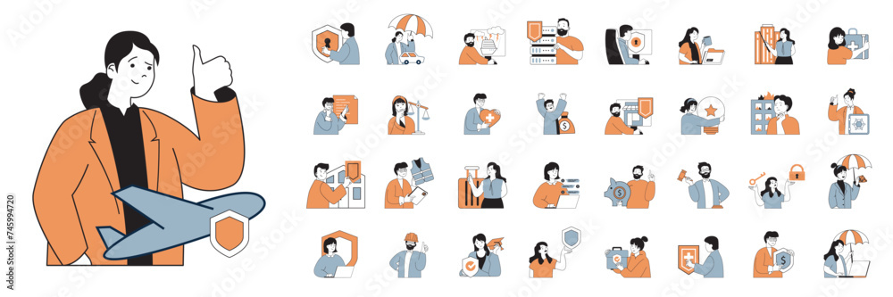 Leinwandbilder insurance concept with character situations mega set in flat web design. bundle of scenes people pro