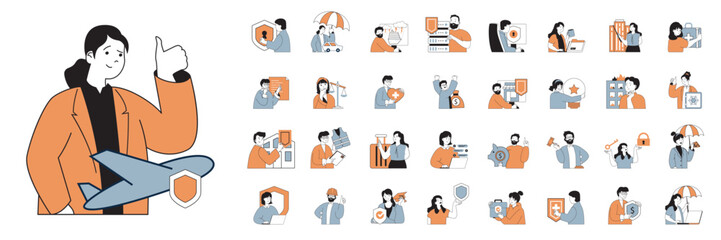 Insurance concept with character situations mega set in flat web design. Bundle of scenes people protecting different property, car and health, using finance safety program. Vector illustrations.