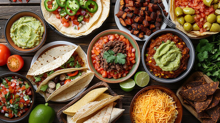 pietanze messicane viste dall'alto, salsa guacamole, tortillas, cibo ordinato esteticamente  - obrazy, fototapety, plakaty