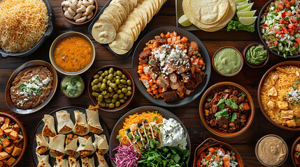 Fototapeta premium pietanze messicane viste dall'alto, salsa guacamole, tortillas, cibo ordinato esteticamente 