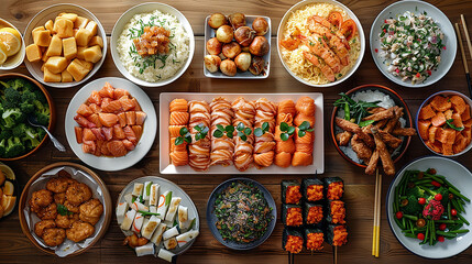 tavolo pieno di diversi tipi di cibo norvegese, vista dall'alto - obrazy, fototapety, plakaty
