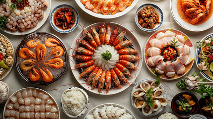 tavolata ricca di piatti di pesci e frutti di mare vista dall'alto, cibo ordinato esteticamente, 