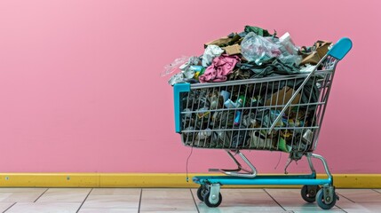 A shopping cart filled with trash sitting against a pink wall, AI