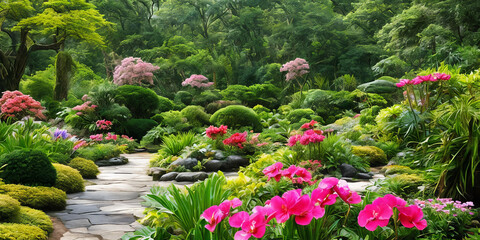 Exotic and captivating beauty of botanical gardens, featuring rare plants, colorful blooms, and unique foliage