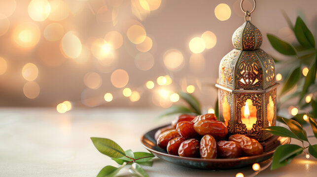 Ramadan and Eid al fitr concept. Dates with traditional lantern Light Lamp