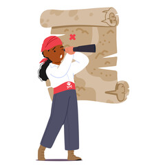 Kid Pirate Character, Eyes Wide With Wonder, Clutches A Spyglass, Scanning The Horizon For Hidden Treasures
