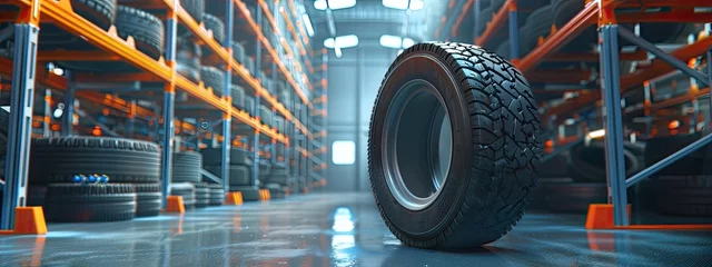 Foto op Plexiglas Tire changing tire repair car service shop background banner, tire in automobile fixing garage. New tire is placed on the tire storage rack on warehouse, Car tires  © Ilmi