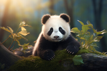 Fototapeta premium A panda bear carefully climbs a tree.