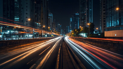 Fototapeta na wymiar Urban skyline lights abstract background, cityscape with blurred street traffic at night. 