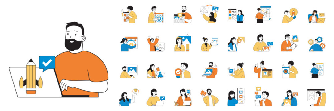 Design development concept with character situations mega set in flat web design. Bundle of scenes people creating interface layouts, making digital content, programming apps. Vector illustrations.