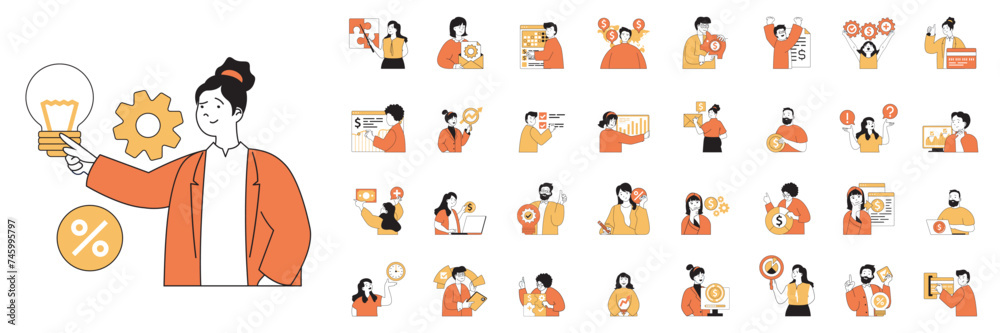 Poster Business and finance concept with character situations mega set in flat web design. Bundle of scenes people creating project, planning tasks, making financial audit, marketing. Vector illustrations.