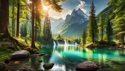 The tranquil atmosphere of nature with lush green forests, proud mountain silhouettes, and the cool waters of waterfalls - obrazy, fototapety, plakaty