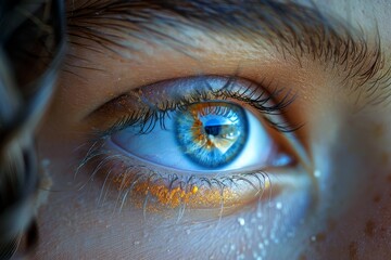 Macro close-up revealing the extraordinary details and colors of a human eye's iris, reflecting a world within