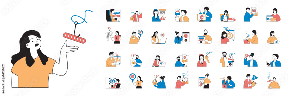 Leinwandbilder phishing concept with character situations mega set in flat web design. bundle of scenes people gett