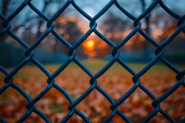Naklejka premium A detailed image of a chain link fence with a blurred background of autumn leaves in warm sunset light