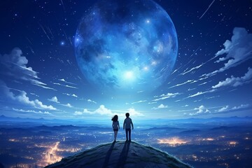 a man and woman standing on a hill looking at a large planet - obrazy, fototapety, plakaty