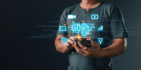 Man touch icon ai and use smartphone, Marketers education, research, analyze media video streaming content creation and online marketing strategies to grow their digital business.