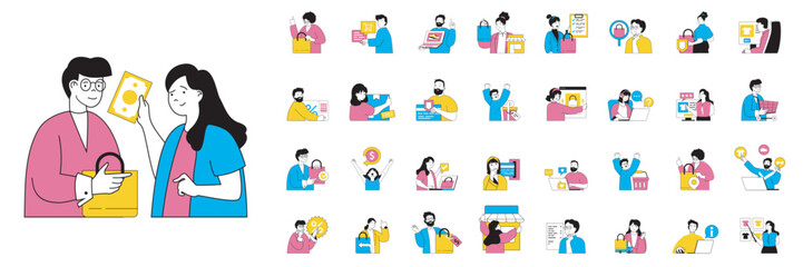 Shopping concept with character situations mega set in flat web design. Bundle of scenes people buying new goods in store, ordering online, purchasing at retail store showroom. Vector illustrations.