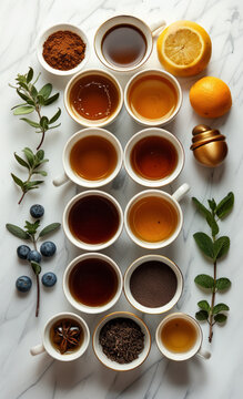 Various types of tea in cups and saucers on marble background