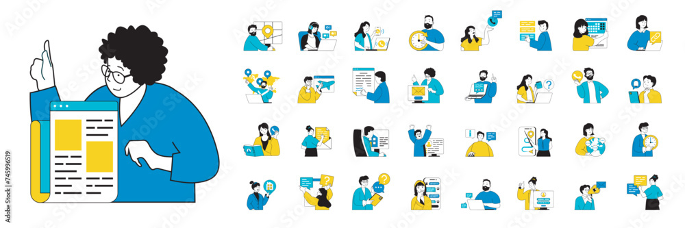 Aufkleber Contact us concept with character situations mega set in flat web design. Bundle of scenes people sending emails and chatting, calling to company and finding faq information. Vector illustrations.