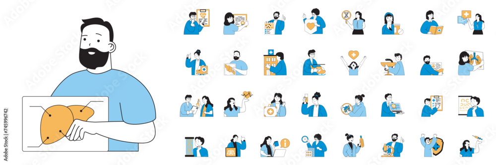 Aufkleber medical concept with character situations mega set in flat web design. bundle of scenes people visit