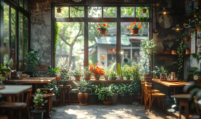 Fototapeta na wymiar The interior of cozy cafe with beautiful garden view