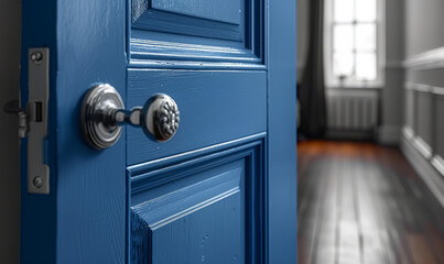 Blue door and silver doorknob in room with window and radiator - obrazy, fototapety, plakaty