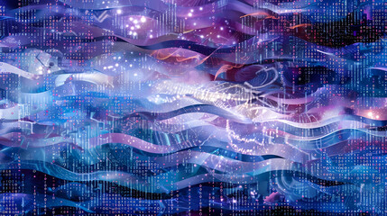Abstract Digital Technology Waves With Binary Code Overlay Background