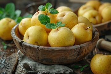 A close-up of juicy, fresh Asian pears with mint leaves in a handcrafted wooden bowl on a rustic table