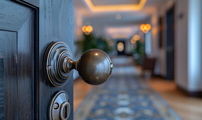 Closeup of shiny brass doorknob in luxury hotel - obrazy, fototapety, plakaty