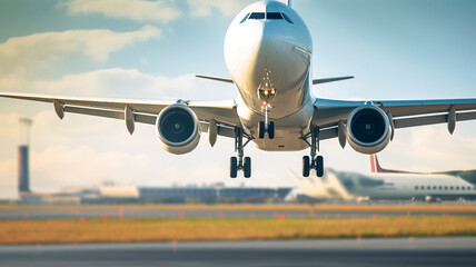 Passenger plane is landing of the airport takeoff on airport runway. Runway at the airport and the...