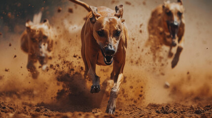 A sleek greyhound dog dashing down the track in a competitive race, showcasing its agility, speed, and determination.