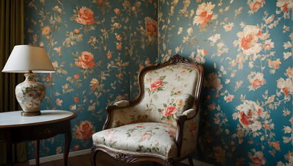 Vintage-inspired room with a floral print chair against a lace-patterned wall. 
