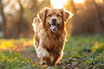 Warm, golden hour photo of a golden retriever approaching the camera, face purposely not in focus, in lush outdoor setting