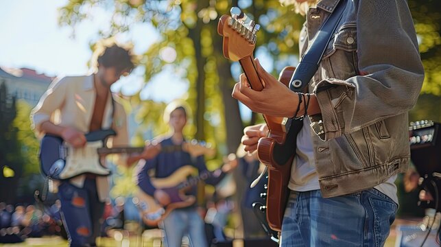 young man playing guitar with friends live music event concert in a park. enjoy outdoor activity