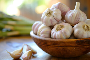 Heads of garlic in a wooden bowl on the table.