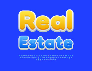Vector bright poster Real Estate. Creative Alphabet Letters and Numbers set. Modern Blue Font.