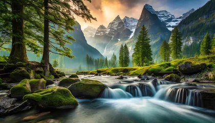 Photo sur Aluminium Alpes The tranquil atmosphere of nature with lush green forests, proud mountain silhouettes, and the cool waters of waterfalls