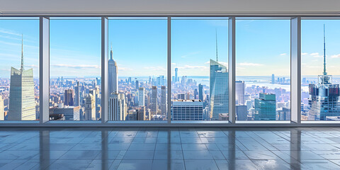 Modern office with clean glass walls and bright steel flooring and city view from High Rise Window interior of office building with panoramic city skyline