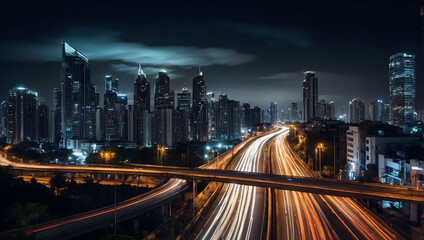 Fototapeta na wymiar Urban skyline lights abstract background, cityscape with blurred street traffic at night.