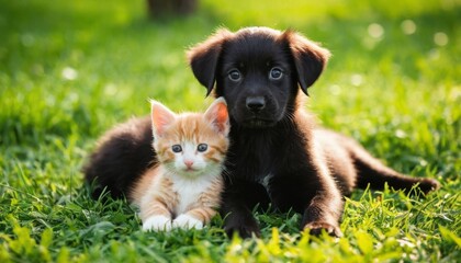 Black puppy and red kitten together