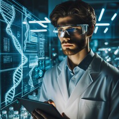 Scientist conducting genetic research in an AI-supported research laboratory. Analyzing. Scientific pharmaceutical lab. Medicine and biotechnology. DNA. AGI. Generative AI