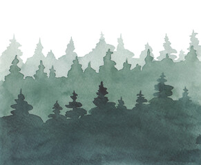 Landscape of a coniferous green forest, watercolor illustration hand-drawn. Background illustration with pine trees. A dense impenetrable forest. A banner for a design, booklet, or advertisement 
