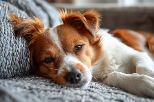 A peaceful dog takes a relaxing nap on a soft knitted throw, exuding comfort and contentment