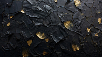 Chewy crinkled black leather with golden touches on top texture background. Close-up. Luxury black...