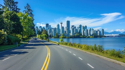 Fototapeta premium View of road highway with lake garden and modern city skyline in background